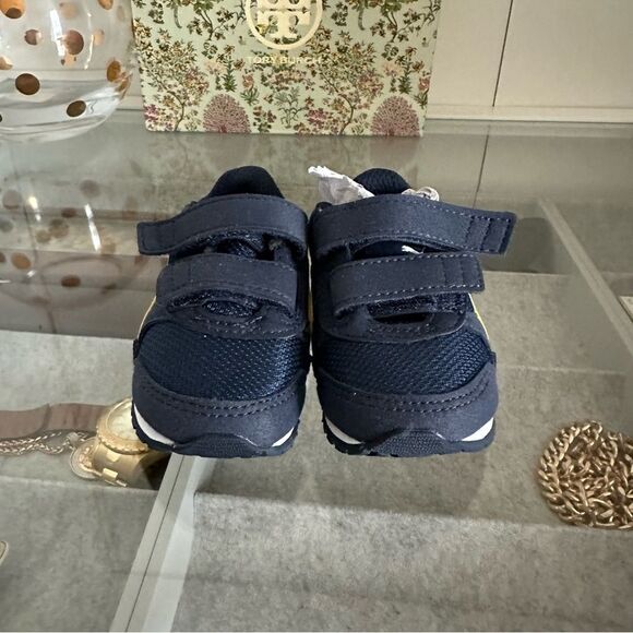 Puma Baby Street Runner V2 Mesh Hook and Loop Navy and Yellow Stripe Sneakers 4 - Picture 5 of 11